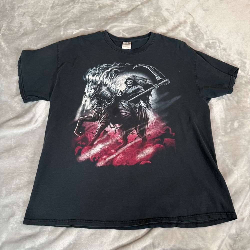 Vintage Skull Reaper T Shirt Mens XL Distressed Grunge Faded Black